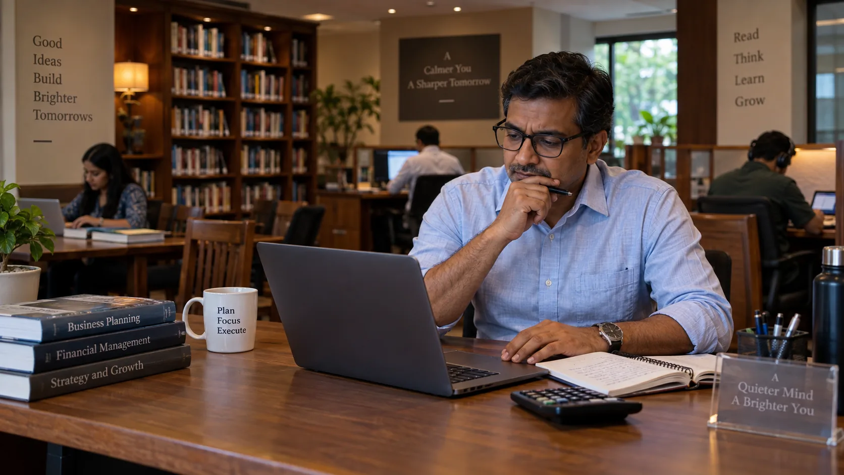 Indian study library owner reviewing a monthly operating budget