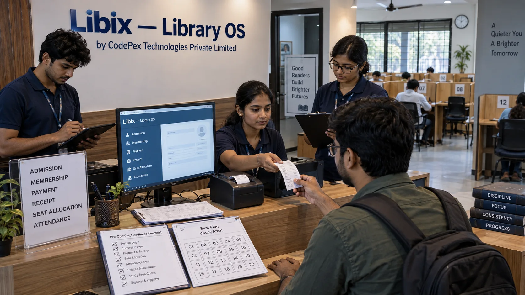 Indian study library staff testing admissions payments receipts and seat allocation before opening