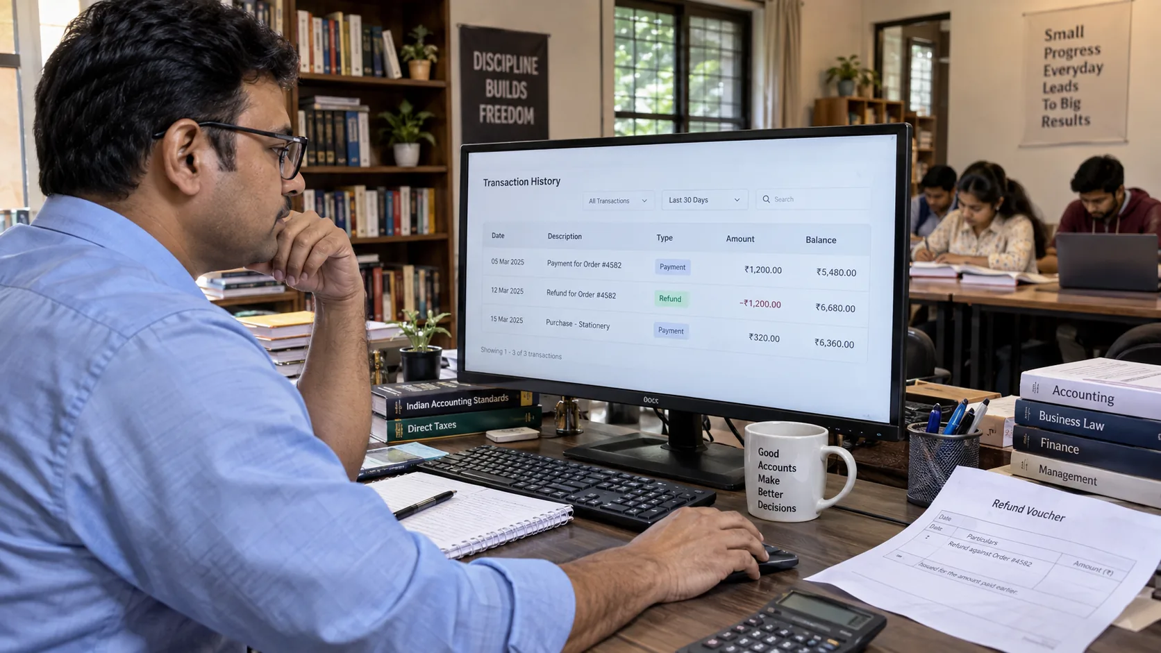 Study library accounts manager reviewing original payment linked to refund and updated balance