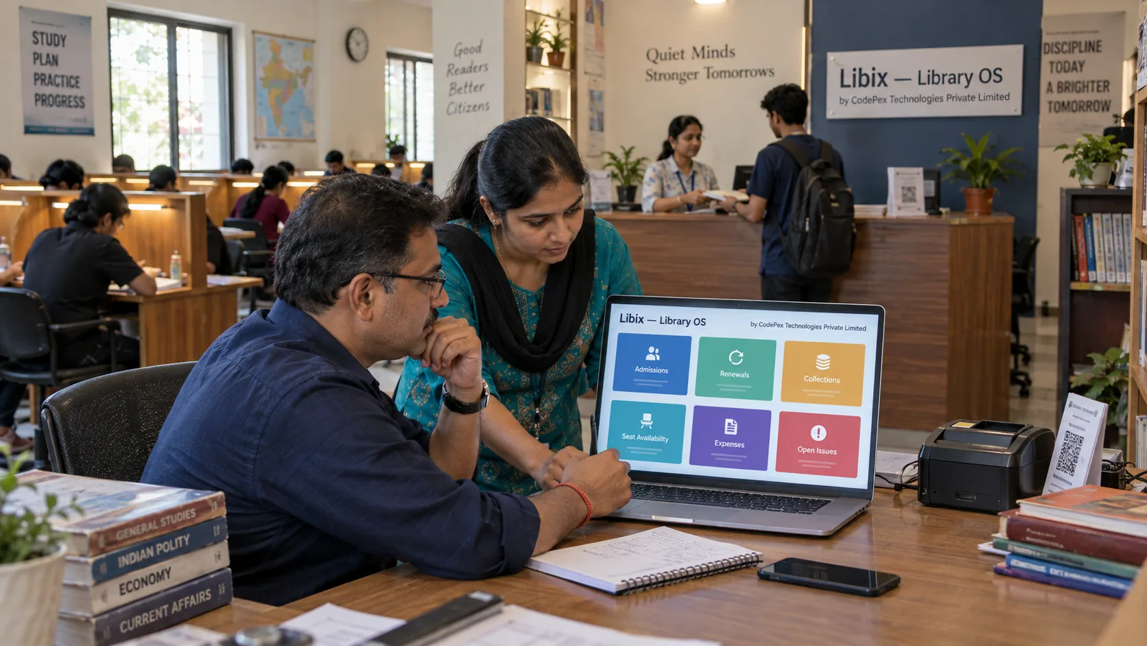 Indian study library owner and staff reviewing business operations using Libix Library OS