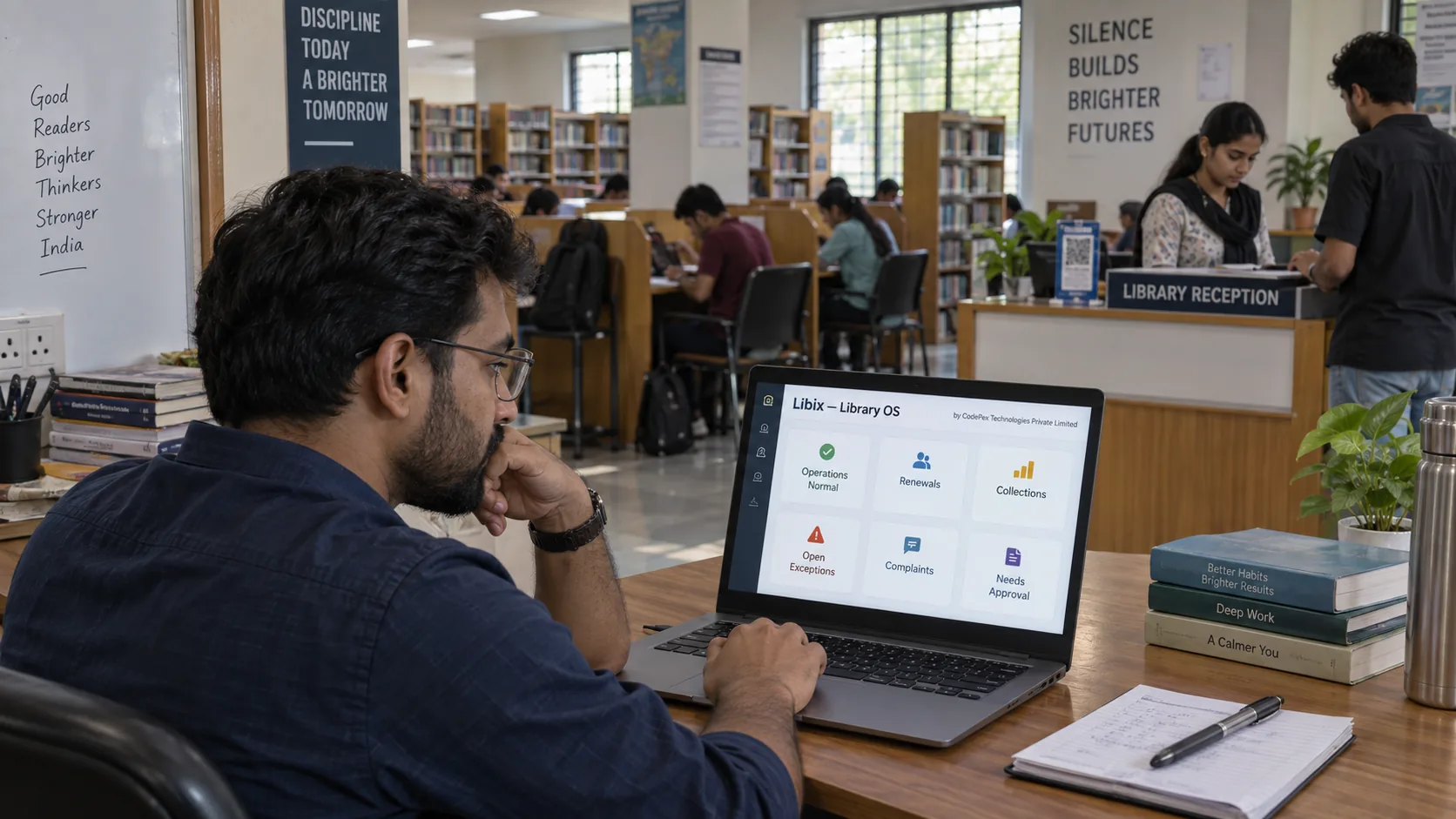 Study library owner reviewing Libix reports and exceptions while staff manage daily operations