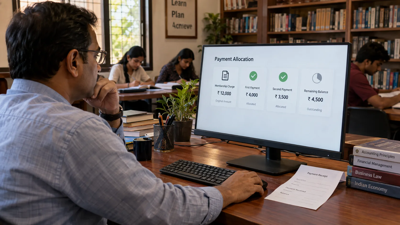 Study library accounts manager reviewing original payment allocation history and updated balance