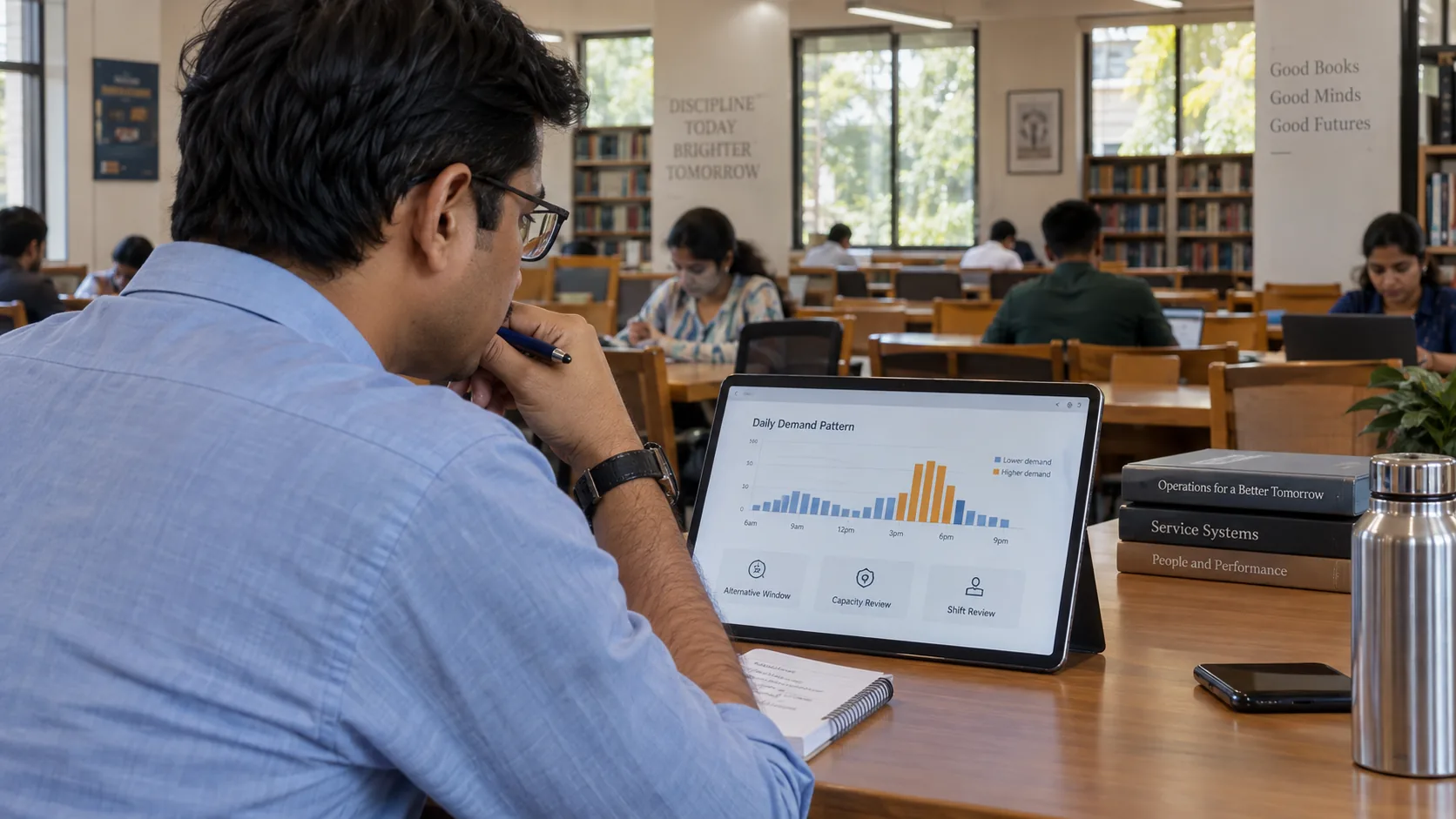 Study library operations manager comparing peak and off-peak capacity before changing shifts