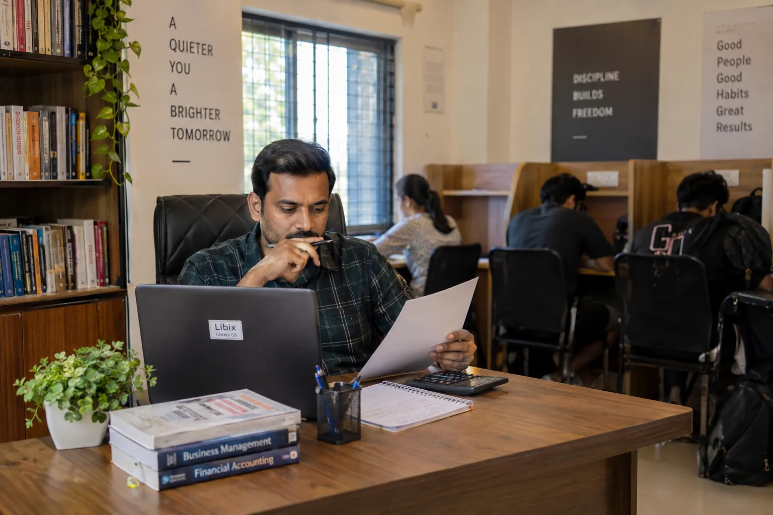 Indian study library owner comparing monthly revenue expenses and profit margin