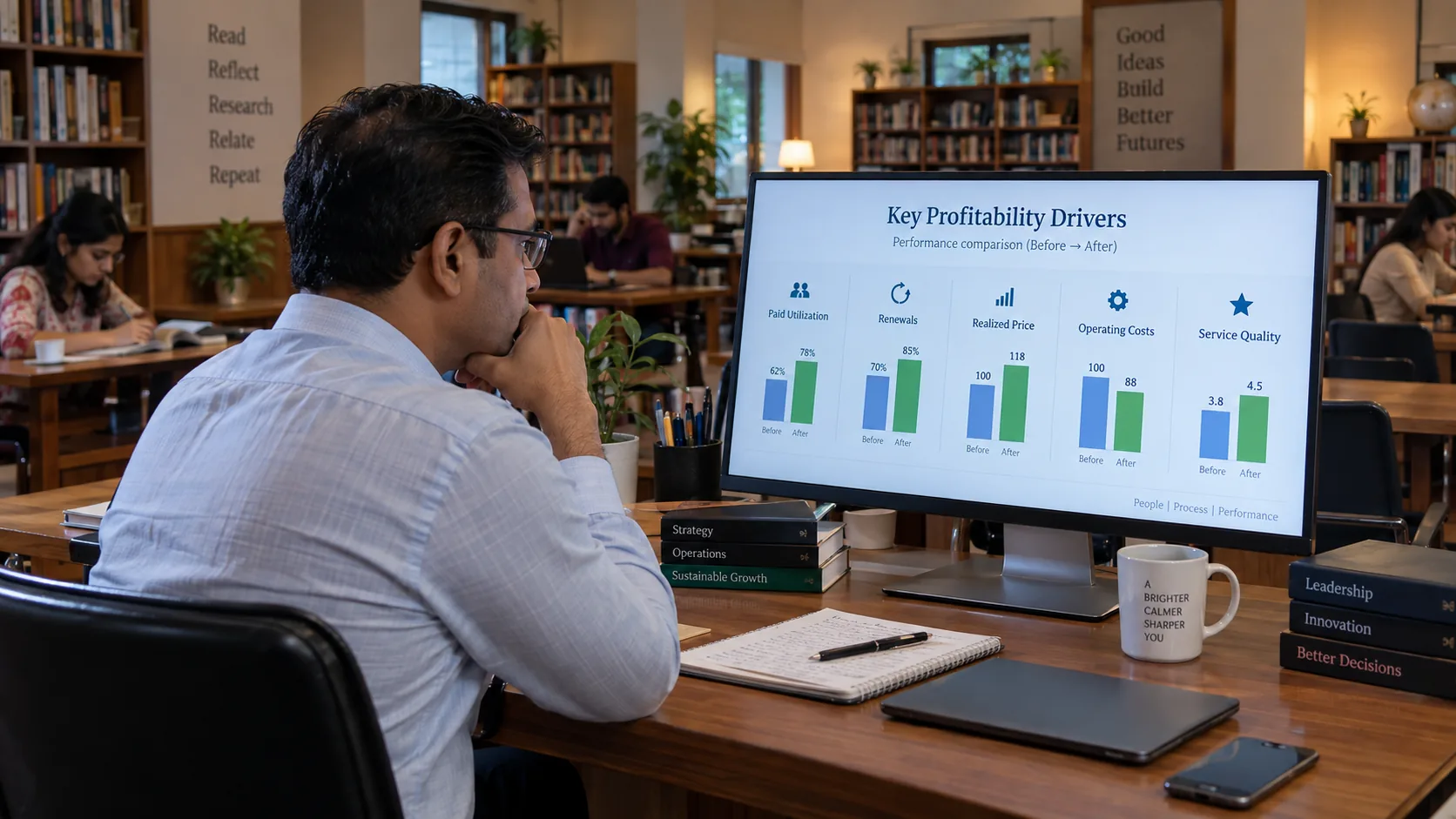 Study library manager comparing profitability drivers and before-and-after scenarios