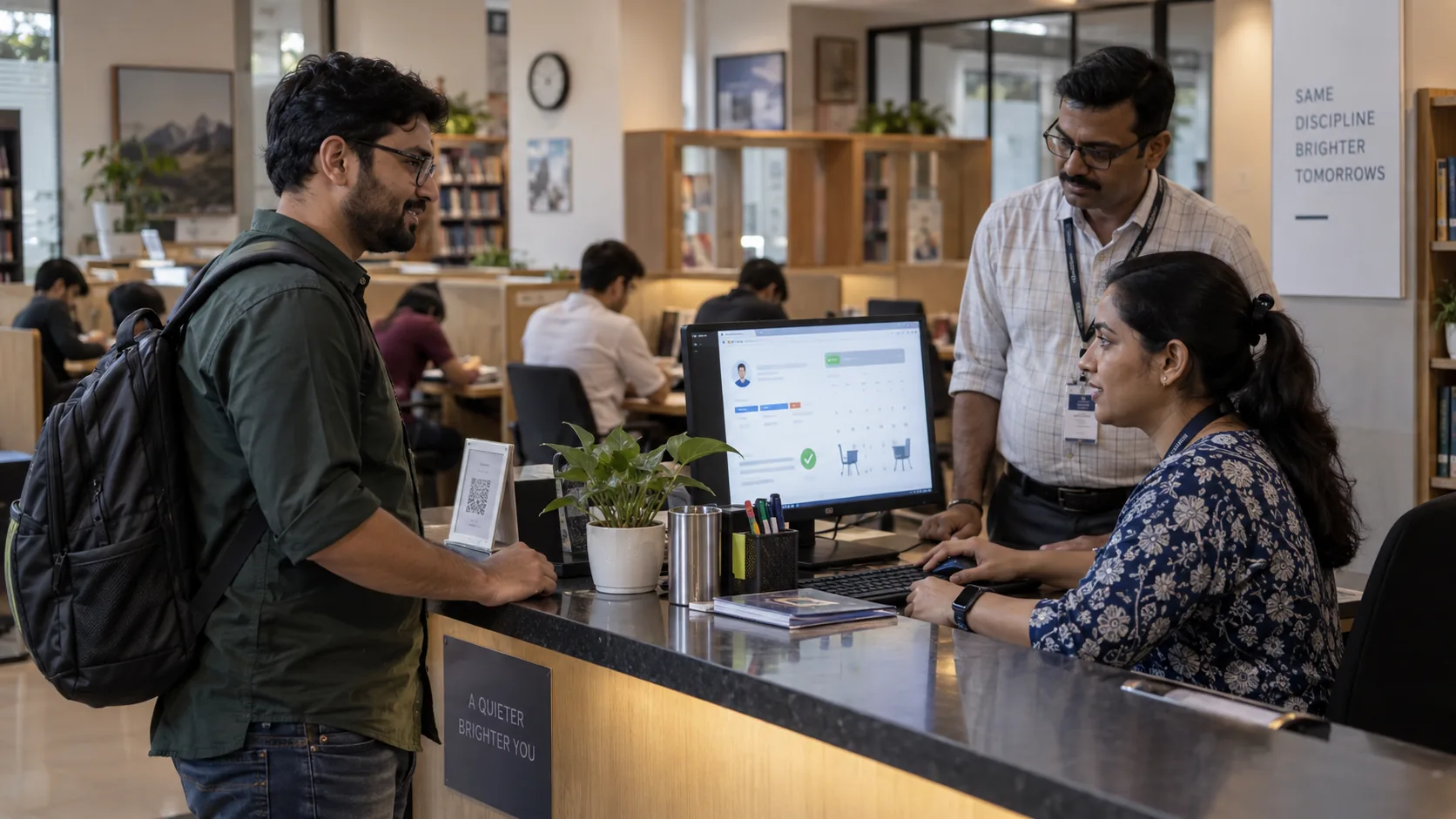 Returning adult member reviewing a continuing membership interaction with study library staff