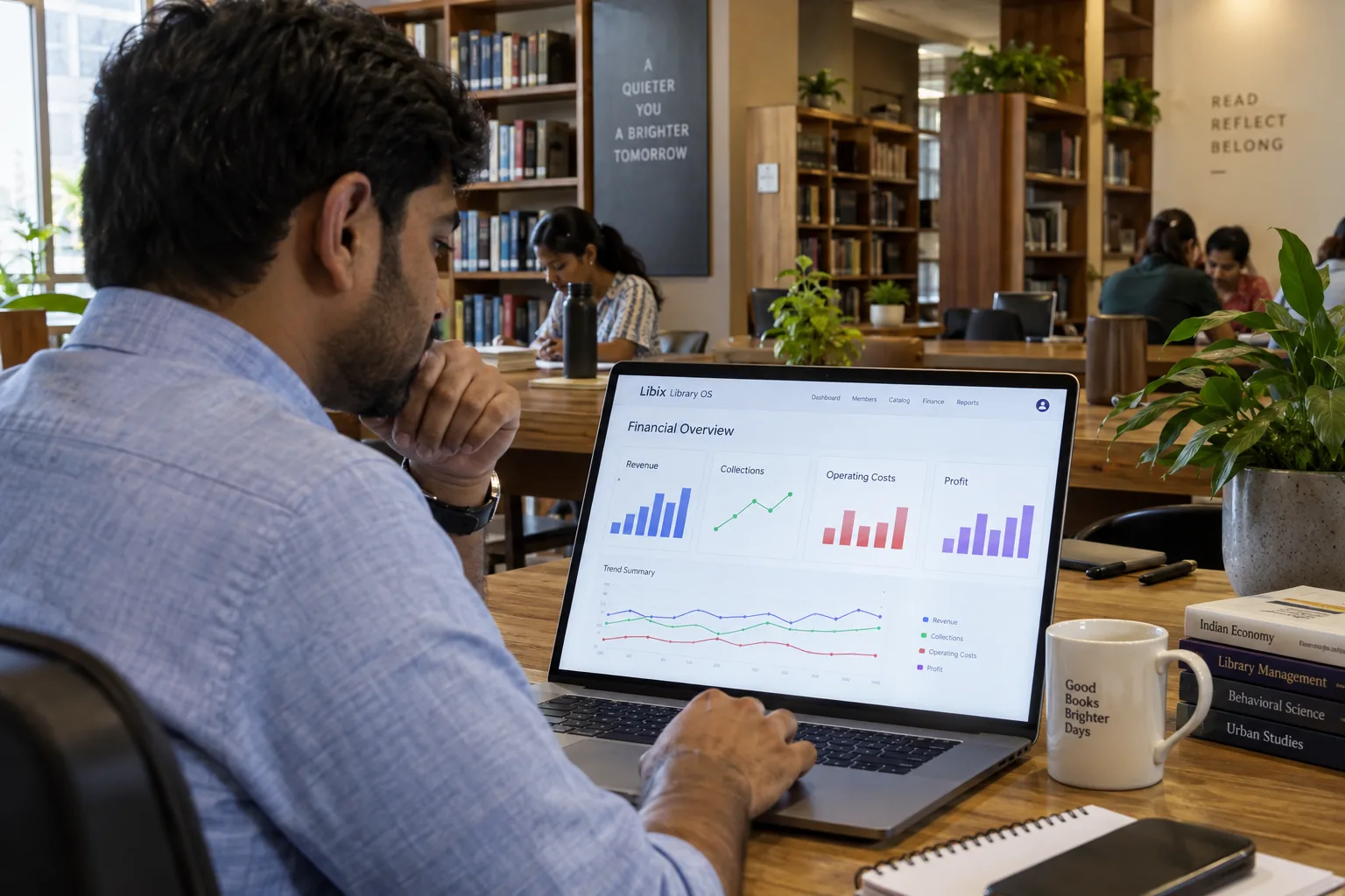 Study library manager analysing revenue costs collections and profit as separate business measures