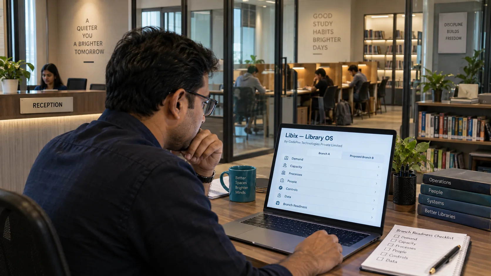 Study library operations manager reviewing branch-ready scalable processes in Libix Library OS