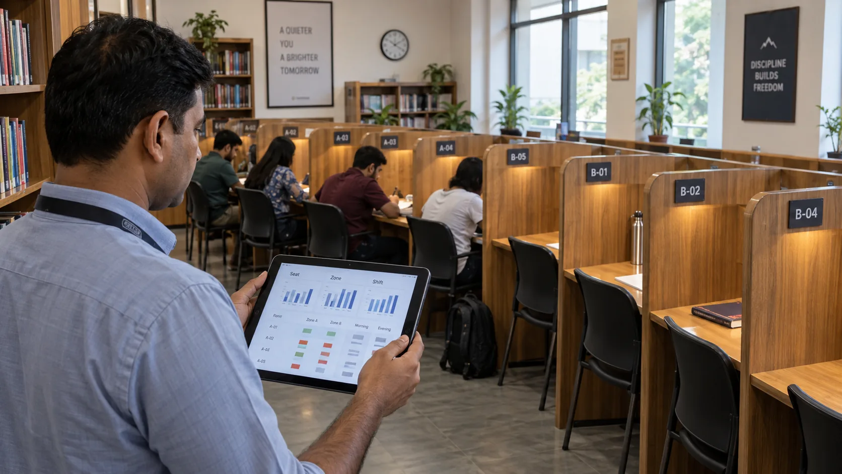 Study library staff comparing seat usage patterns across zones and shifts