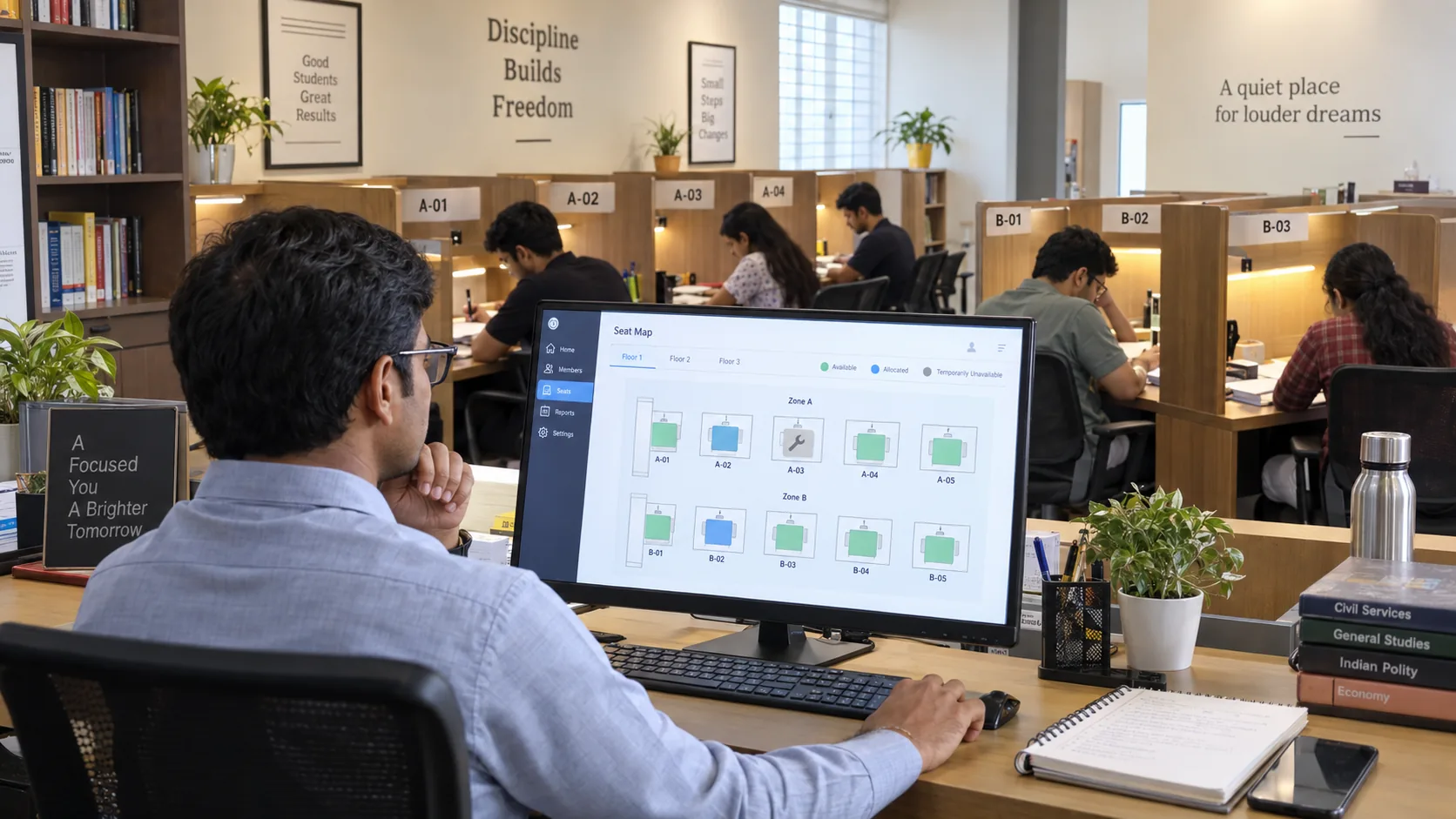 Indian study library manager reviewing occupancy by study shift in Libix