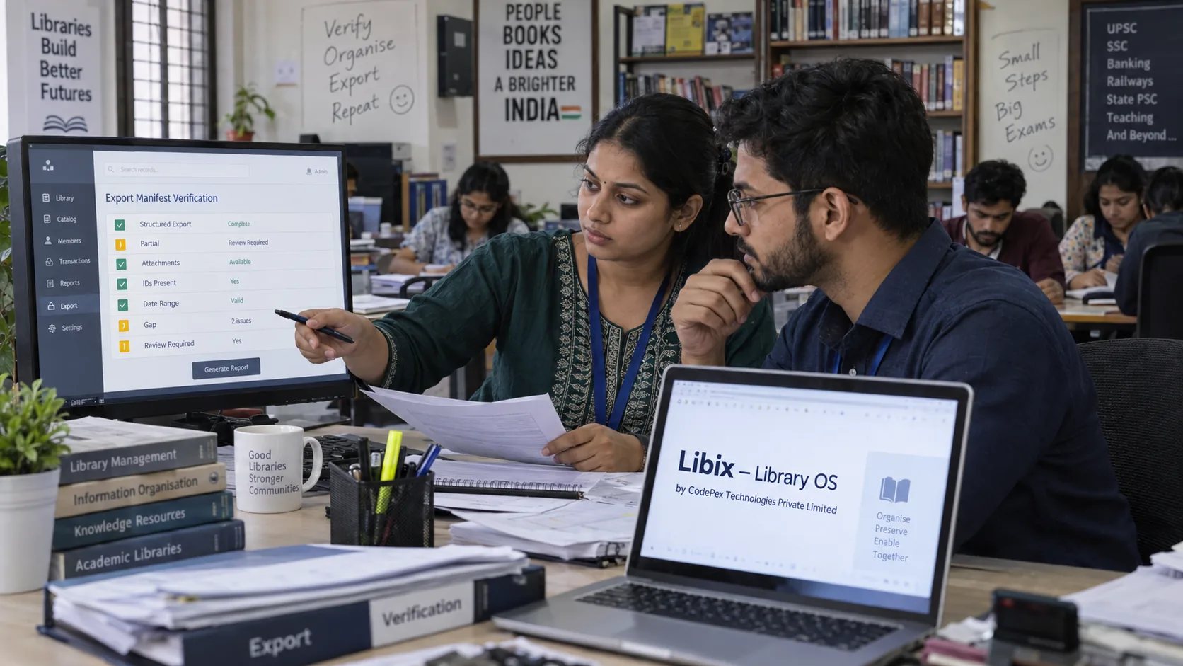 Young adult study library staff verifying export files and relationships before software migration
