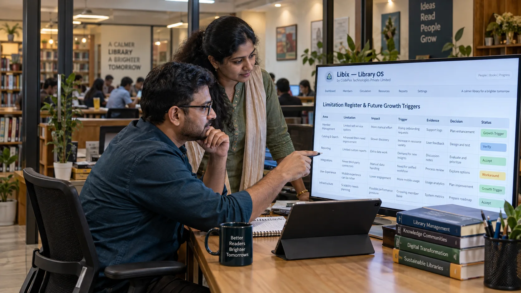 Study library managers reviewing software limitations workarounds and future growth triggers