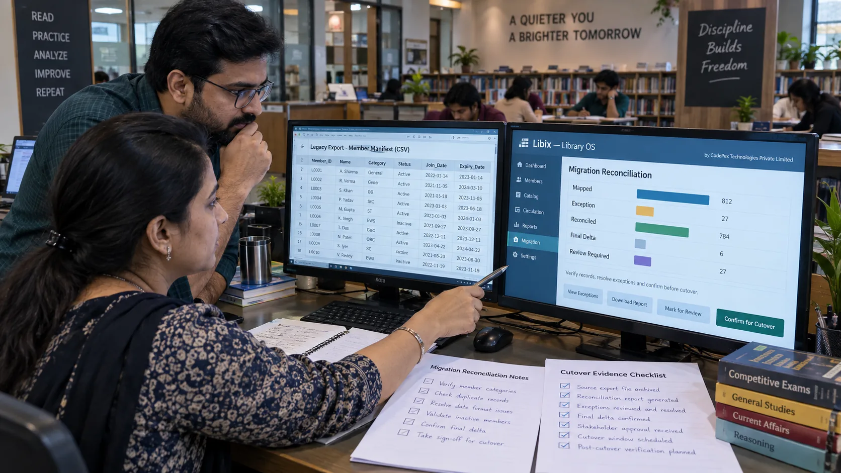 Study library managers reviewing software migration reconciliation and cutover evidence