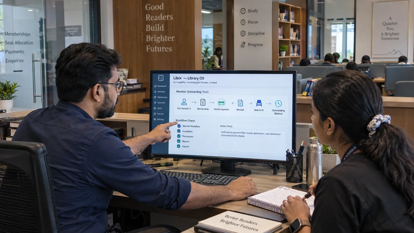 Study library staff testing admissions payments seats and reports in Libix Library OS before software selection