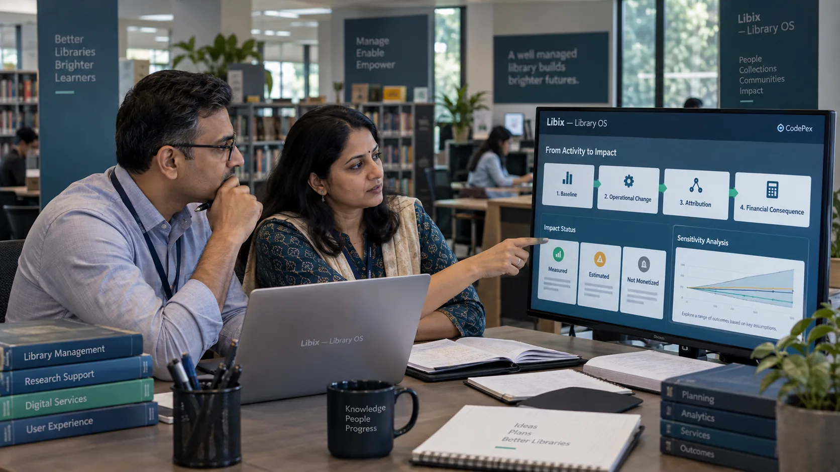 Study library managers comparing baseline operational data with attributable software benefits