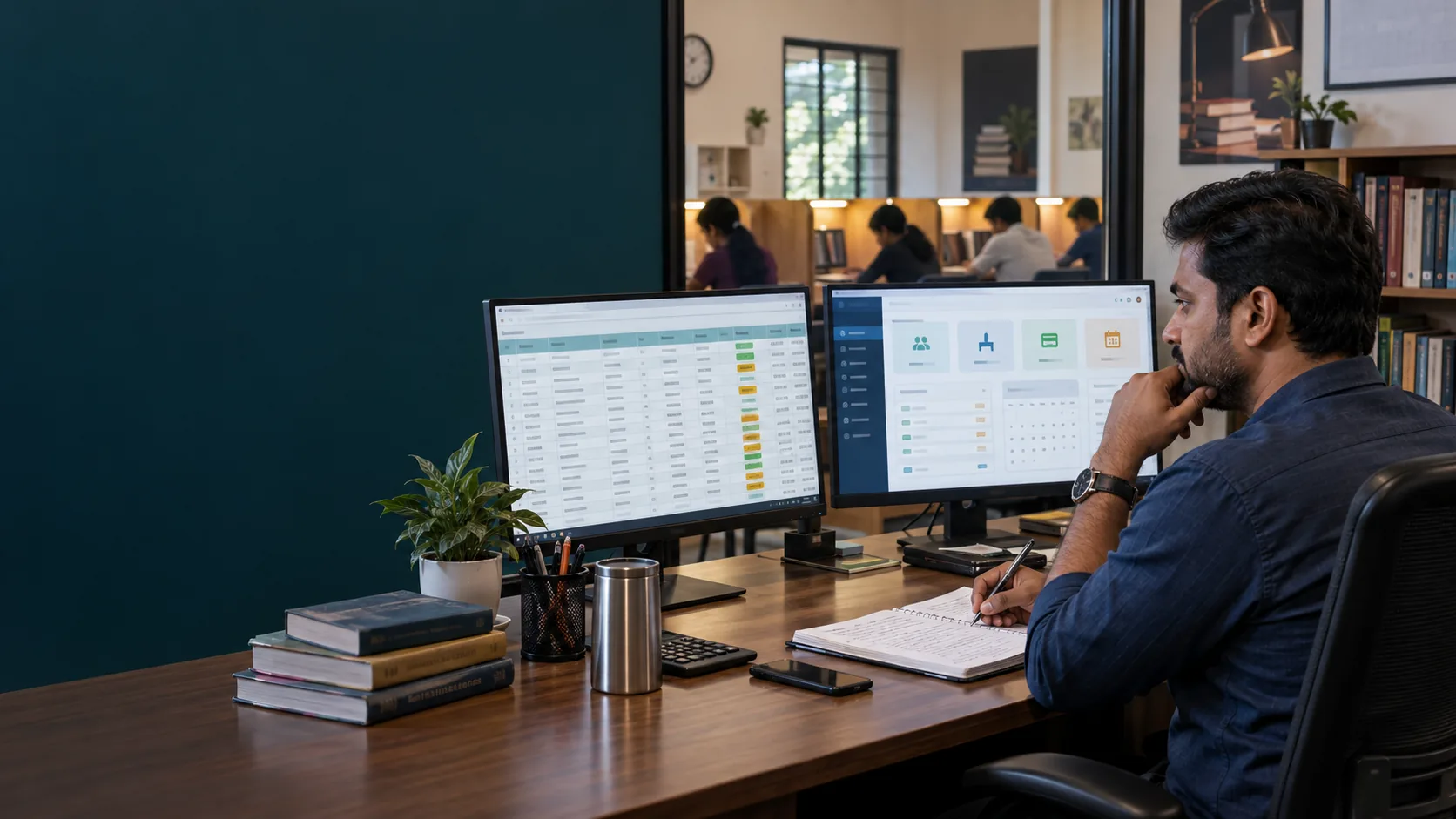 Indian study library owner comparing spreadsheet management with Libix Library OS