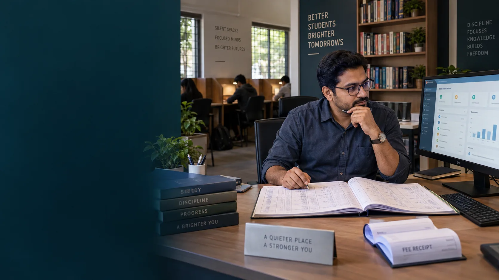 Indian study library owner comparing organized manual registers with Libix Library OS