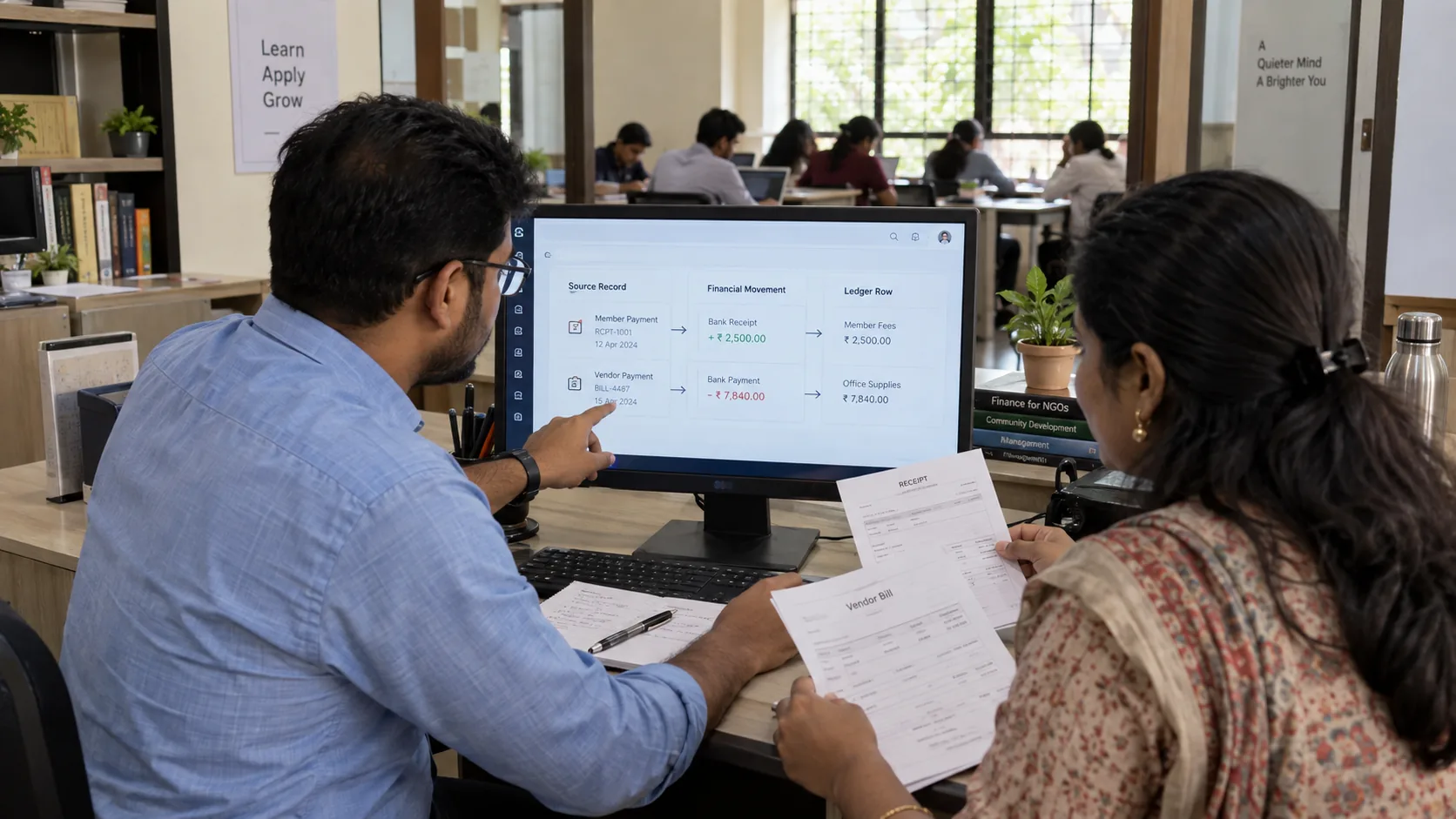 Study library finance staff tracing a payment and expense to ledger movements