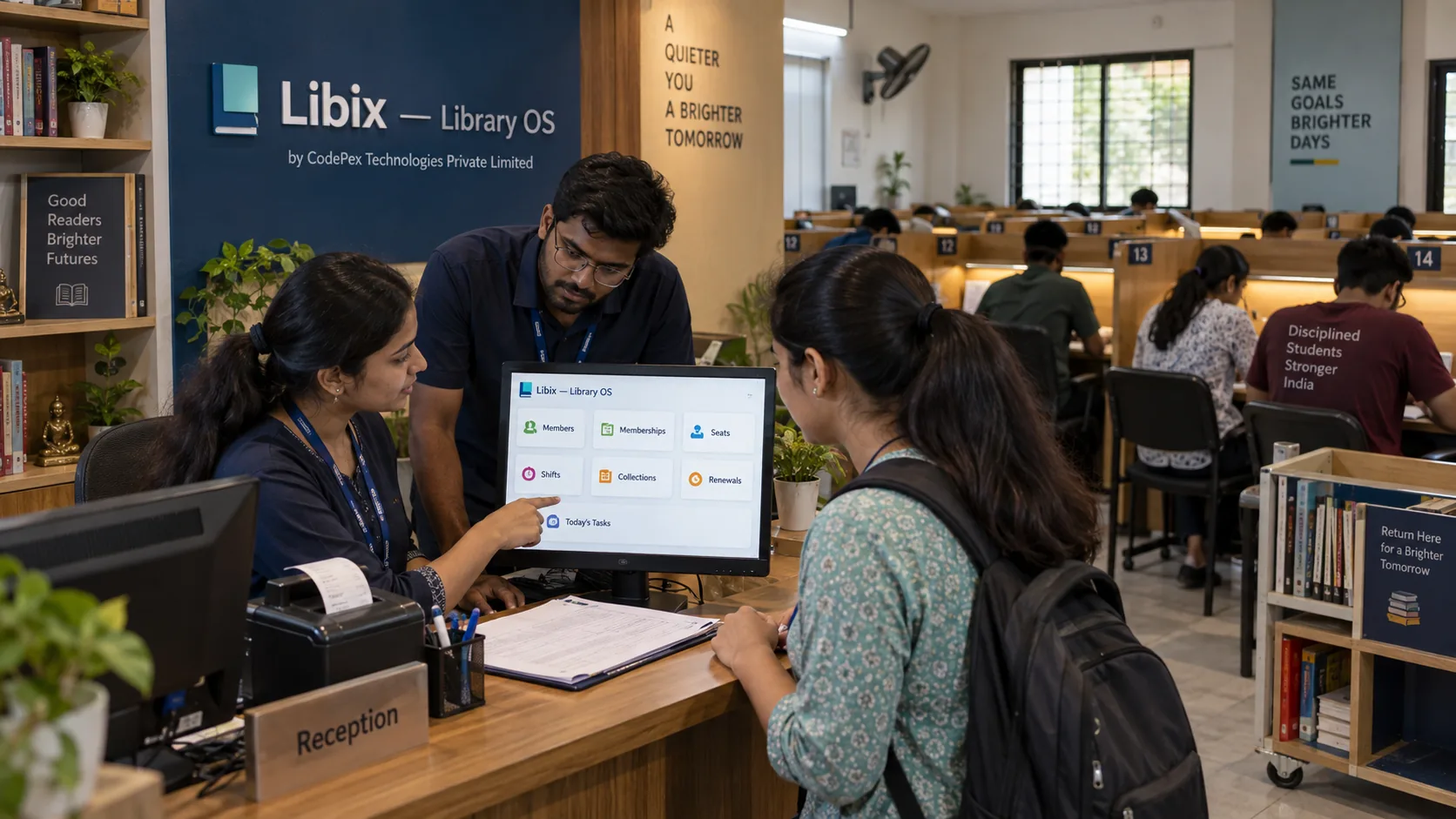Indian study library staff using Libix to organize memberships, seats, collections and renewals