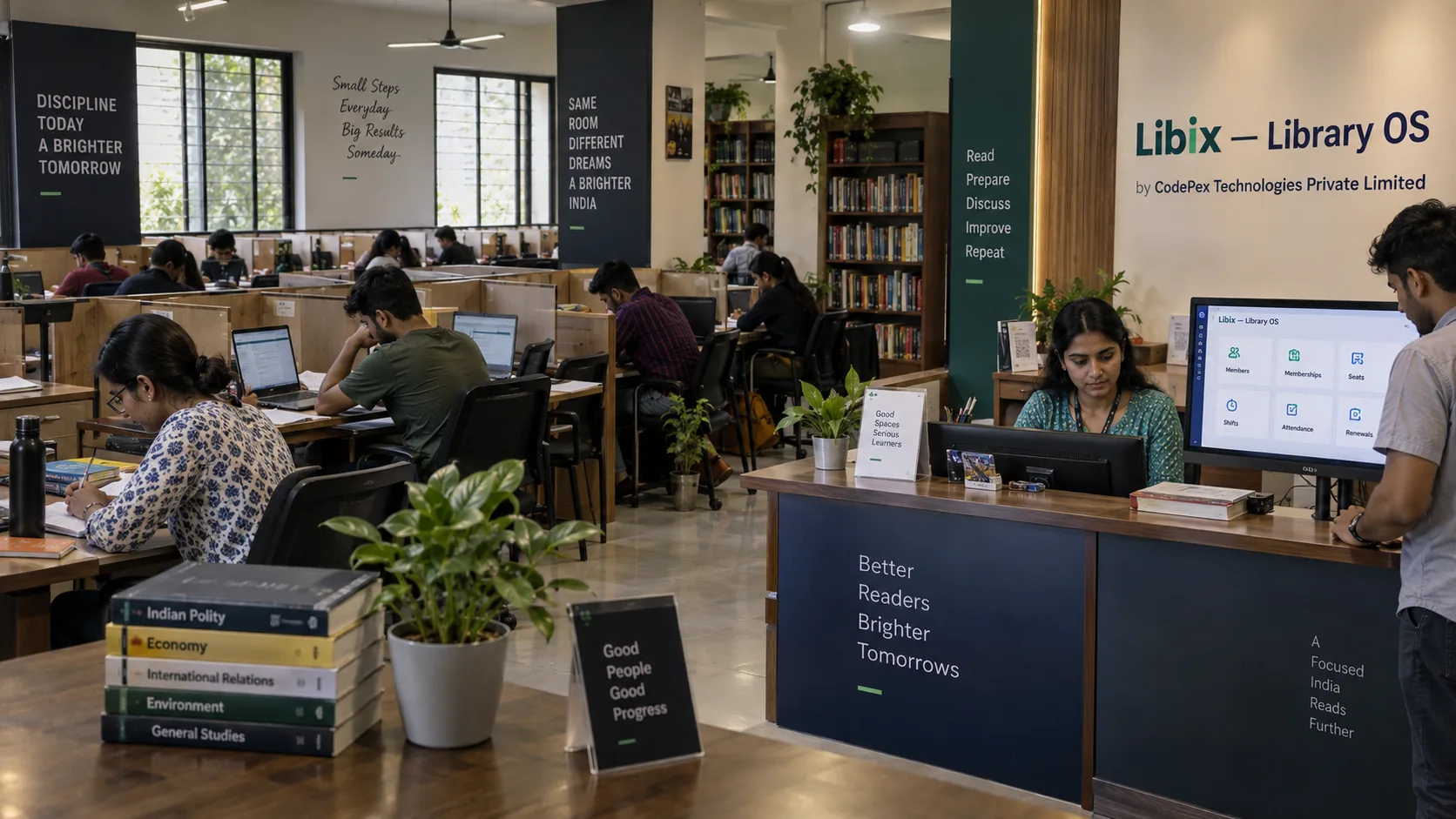 UPSC aspirants studying in a professionally managed Indian study library using Libix Library OS
