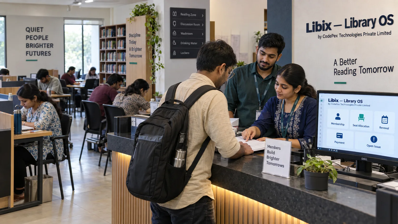 Young Indian study library staff assisting competitive exam aspirants with memberships and seats using Libix