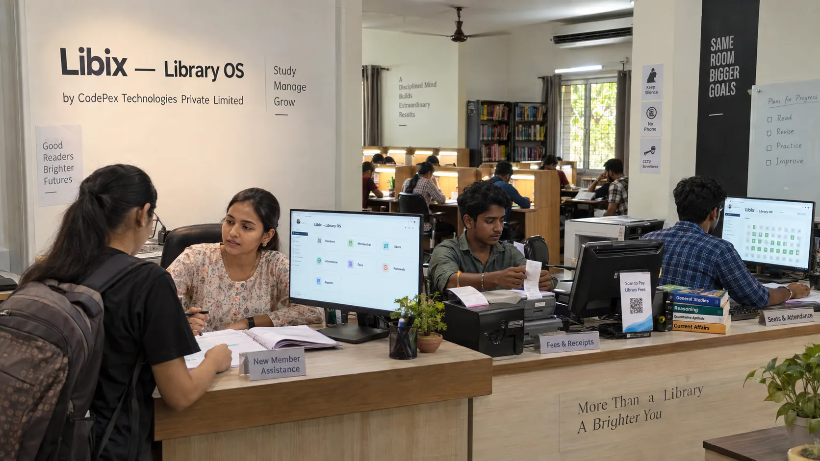 Young adult staff using Libix to manage memberships fees attendance seats and daily operations in an Indian study library