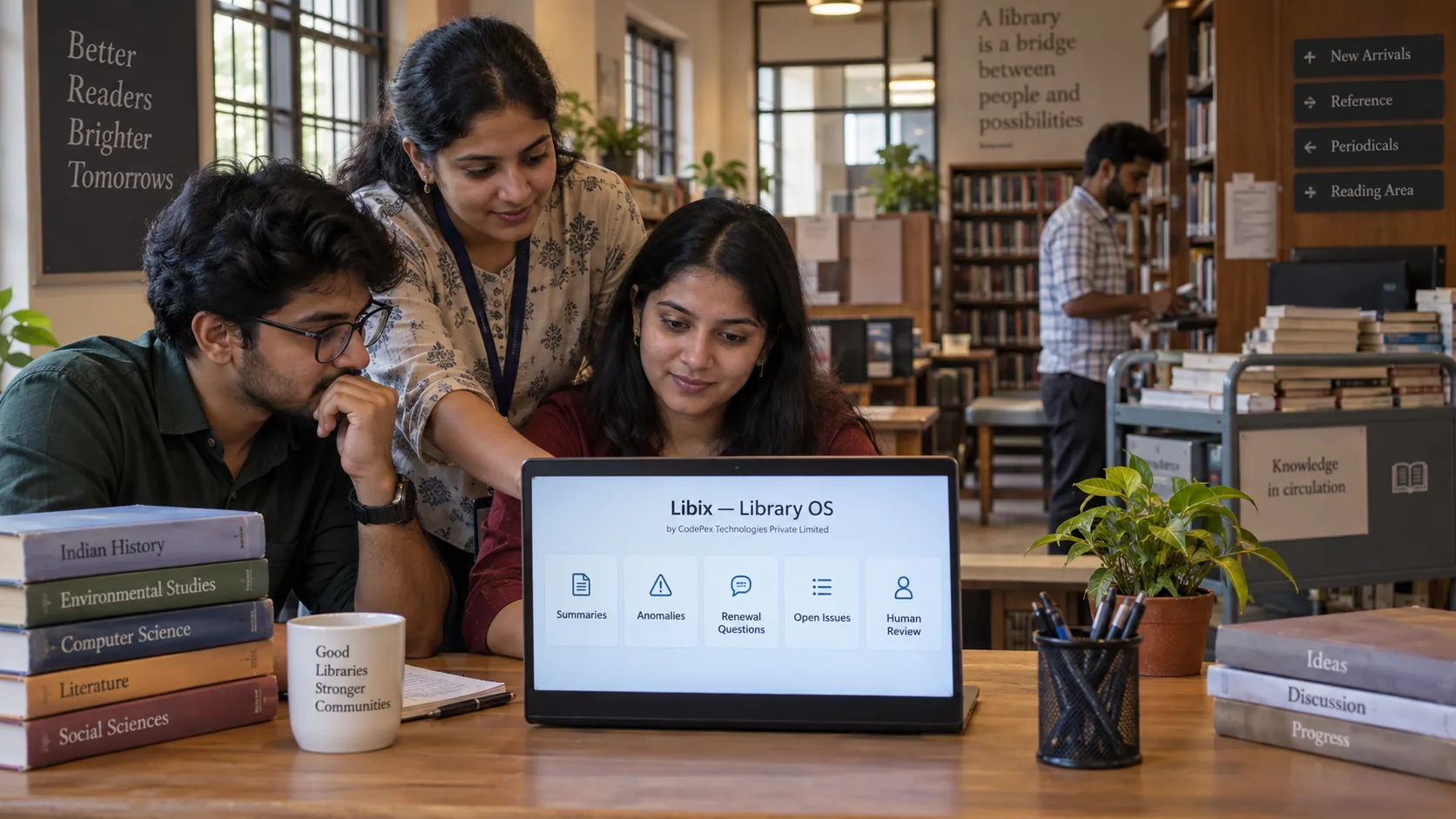 Young Indian study library staff reviewing AI-assisted Libix insights while managing real library operations